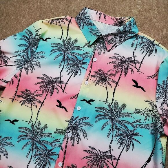 Tropical Palm Vacation Print Men's Short Sleeve Button Down Shirt #4 - Picture 4 of 8